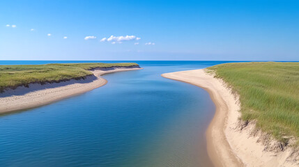 Obraz premium A serene view of a winding river merging with the ocean, surrounded by lush green grass under a clear blue sky.