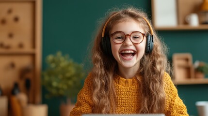 Obraz premium A joyful young girl wearing headphones laughs heartily while engaging with a device, showcasing warmth and happiness in a cozy, inviting home setting with green backdrop.