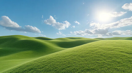 A serene view of rolling green hills under a clear blue sky with fluffy white clouds and a bright sun shining above.
