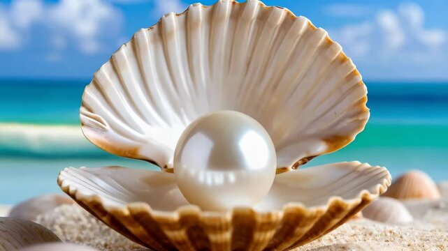 Luminous pearl displayed inside seashell resting on sandy beach against idyllic ocean and sky backdrop highlighting vacation concept
