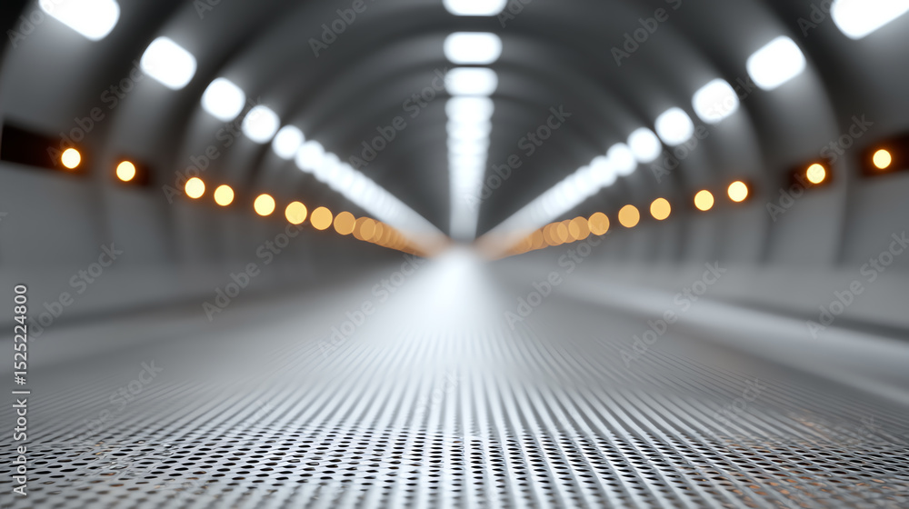 Poster a sleek tunnel interior with soft glowing lights, creating a futuristic atmosphere and perspective. 