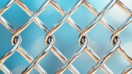 An intricate close-up of a chain link fence capturing the reflective metallic texture against a beautiful blue sky, symbolizing barriers and connection within an urban landscape.