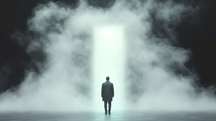 A solitary figure stands before an ethereal doorway, embodying themes of hope, uncertainty, and the journey into the unknown.