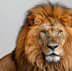 Fototapeta premium A lion with a piercing gaze and flowing mane, highlighted by dramatic chiaroscuro lighting against a white background.