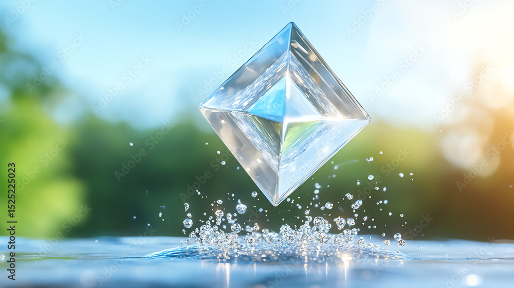 Aufkleber a stunning crystal prism floating above water, reflecting light and creating beautiful splashes. ide