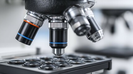 Fototapeta premium Microscope with multiple lenses and sample holder in a laboratory setting.