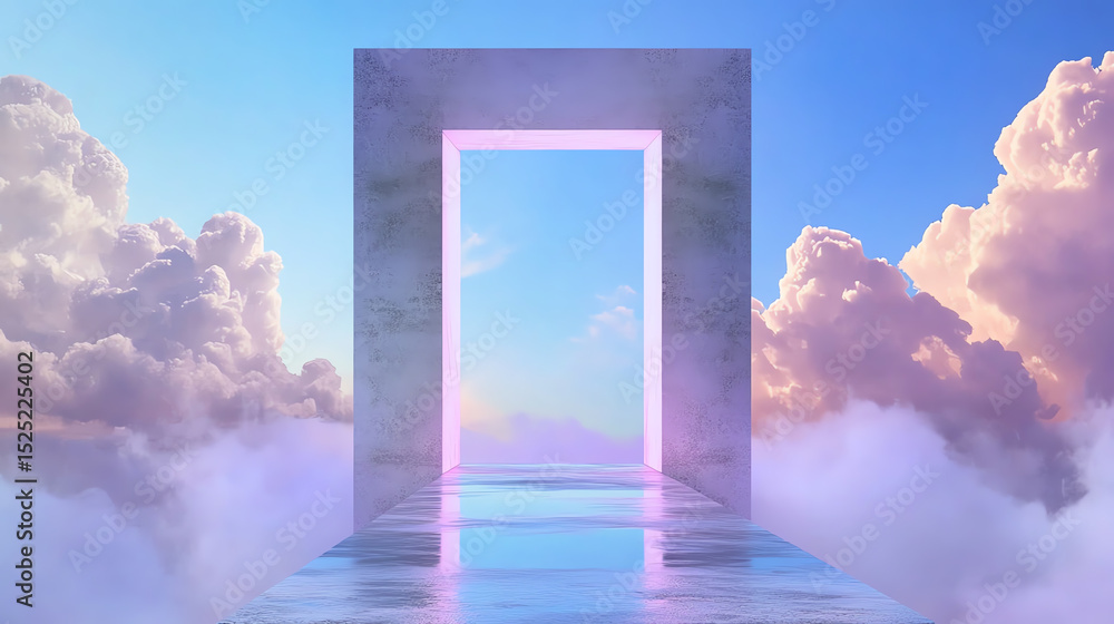Poster a surreal doorway opens to a dreamlike sky, inviting exploration and reflection in a vibrant cloudsc
