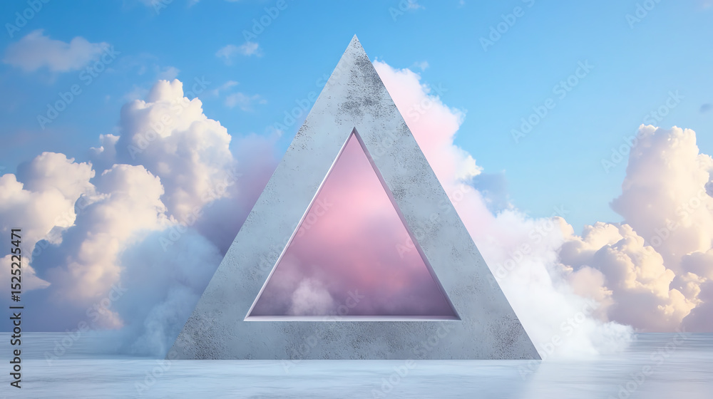 Poster A surreal triangular structure surrounded by colorful clouds, blending geometric forms with dreamy vibes in a vivid sky.