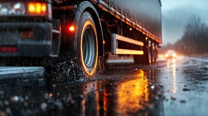 A truck tire splashes water on a rainy road, with glowing lights reflecting off the wet pavement, symbolizing a journey through challenging weather conditions.