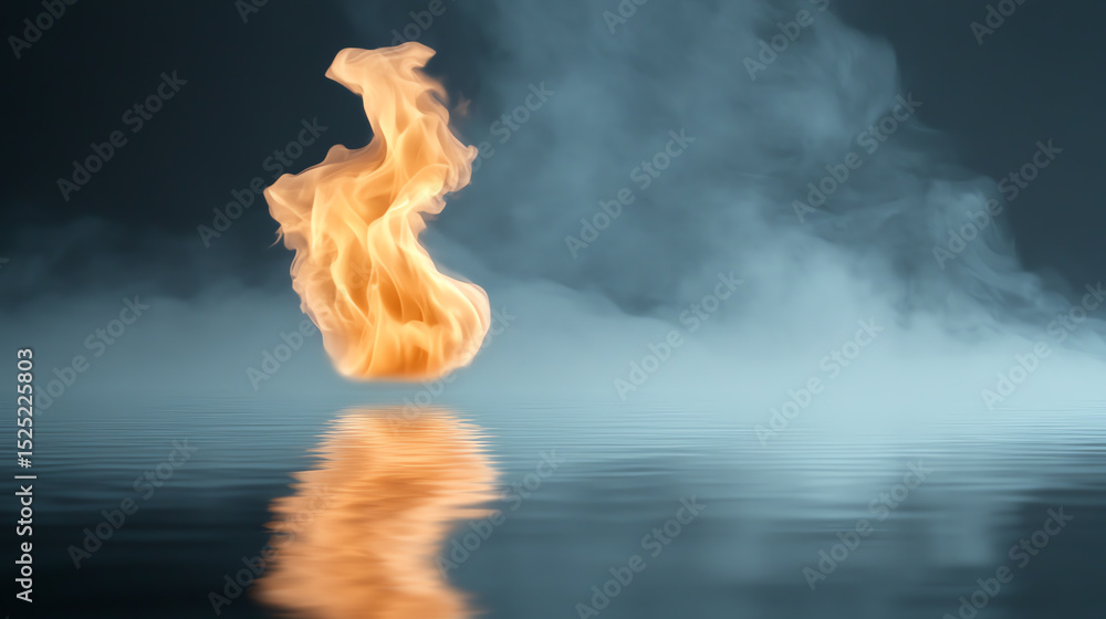 Poster a vibrant flame dancing above a reflective water surface, creating a striking contrast with dark smo