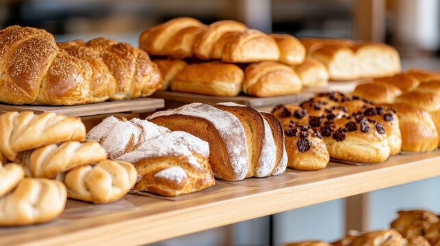 A vibrant display of assorted freshly baked breads and pastries, showcasing a rich variety of textures and flavors that tantalize the senses and evoke comfort.