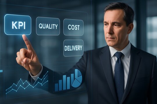 A caucasian male executive in a suit interacts with a digital KPI dashboard displaying analytics and business metrics. Concept of performance management and corporate strategy.