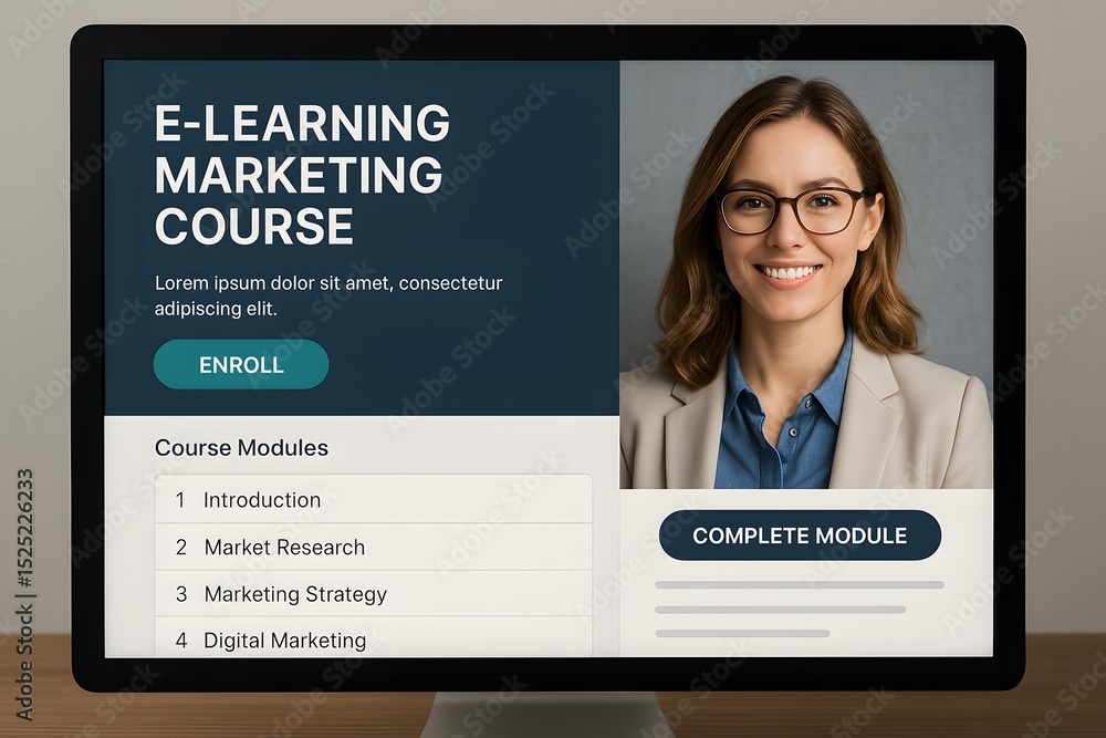 Poster computer screen displays an e-learning marketing course with smiling caucasian woman instructor and 