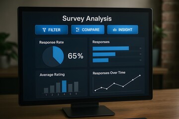 Computer screen shows survey analysis dashboard with response rate, charts, and filters in a professional setting. Concept of data-driven insight and feedback analytics.