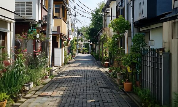 Scenic Cobblestone Street in Residential District with Lush Greenery and Traditional Japanese Architecture Under Sunny
