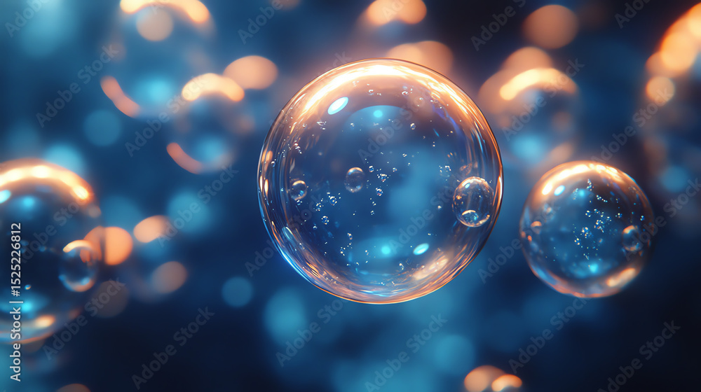Poster An artistic depiction of vibrant soap bubbles floating in a luminous and colorful ambiance, illustrating light reflection and refraction.