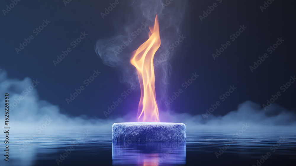 Poster an artistic representation of a flame rising from a block of ice, symbolizing the contrast between f