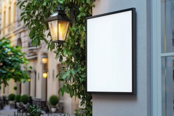 Blank hanging shop sign with metal frame mounted on building wall.