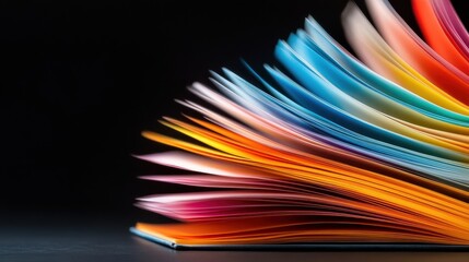 A dynamically fanned open book displaying an array of colorful pages, evoking imagination and creativity, representing the joy of reading and the journey of knowledge.