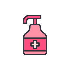Pink Sanitizer Bottle With Pump Dispenser For Hygiene Concept