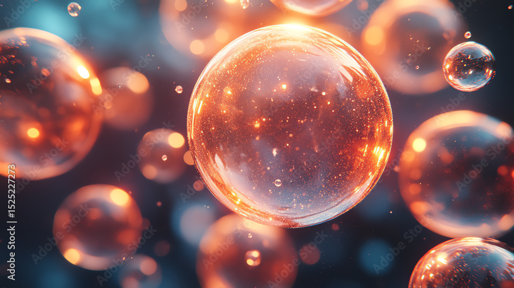 Poster colorful bubbles floating in a dreamy background, showcasing reflections and light bursts for a capt