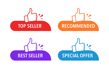 Red vector banner top seller with thumbs up and stars. Modern web banner element. Top seller sale label. Bestseller sticker. Recommendation best seller sign. Good advice.