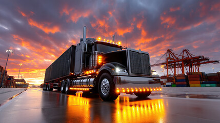 The stunning sunset paints the sky as a black semi-truck sits in a bustling port, ready to ship.