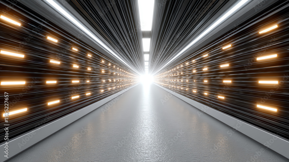 Poster futuristic corridor illuminated by bright lights, creating an ethereal atmosphere and a sense of dep