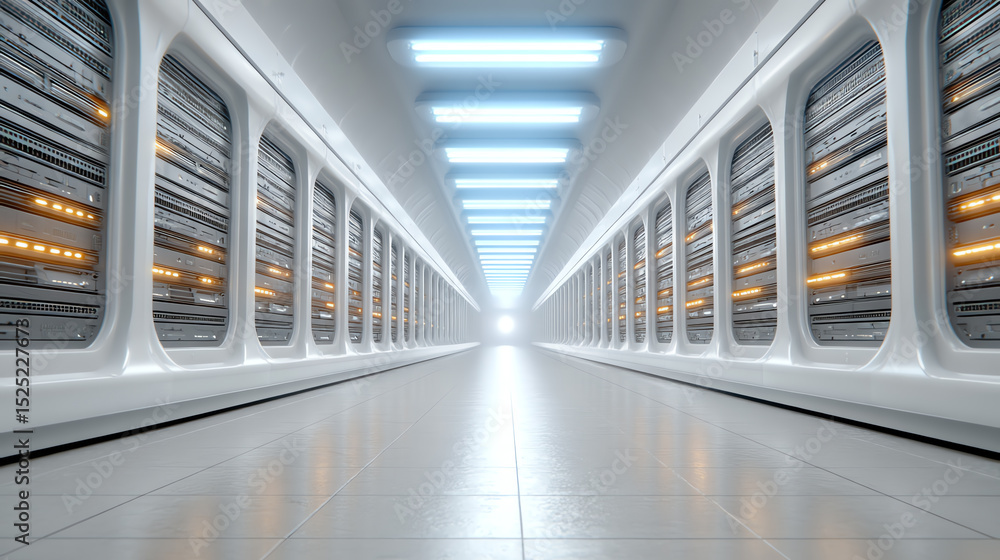 Poster Futuristic data center hallway showcasing rows of illuminated servers and sleek design emphasizing advanced technology.