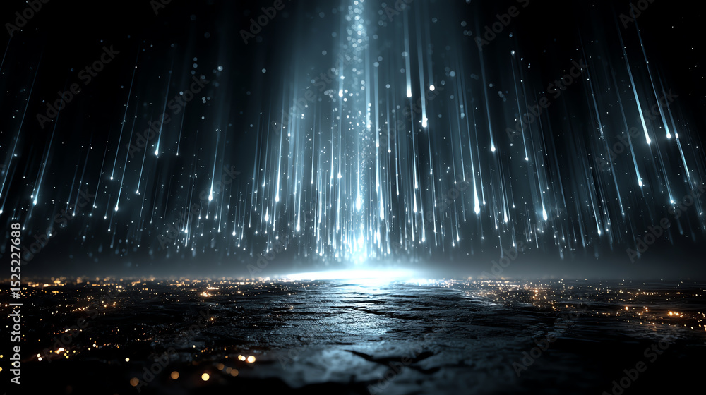 Poster futuristic digital landscape illuminated by cascading lights, creating a mesmerizing atmosphere of i