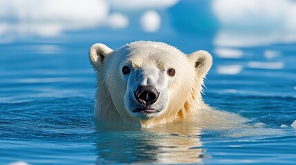 This breathtaking image portrays a polar bear swimming in the clear blue waters of its natural habitat, capturing the beauty and elegance of wildlife amidst pristine natural landscapes.