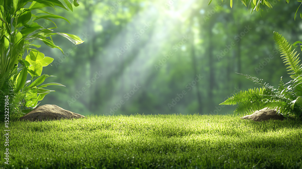 Poster serene green landscape featuring lush grass and vibrant foliage, illuminated by soft sunlight filter