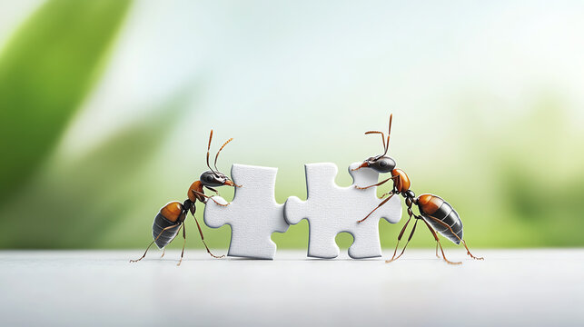 Two ants working together to connect puzzle pieces, symbolizing teamwork and cooperation in nature.