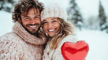 A joyful couple embracing in a snowy landscape, sharing smiles and warmth while holding a heart-shaped balloon, representing love and companionship during the winter season.
