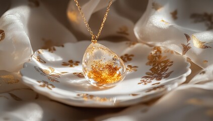 Luxury necklace with gold-infused glass pendant on golden porcelain, softly lit and artistically presented for premium jewelry showcase