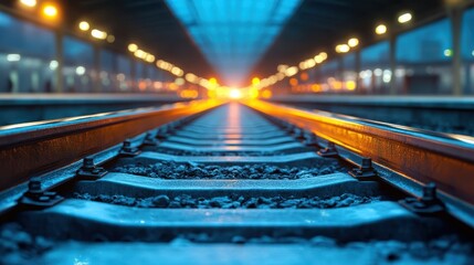 A dramatic perspective view of train tracks stretching into the distance, illuminated by glowing lights, creating a sense of journey and exploration in an urban setting.