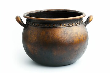 A large, old-fashioned pot with a handle sits on a white background.  , isolated on white background.