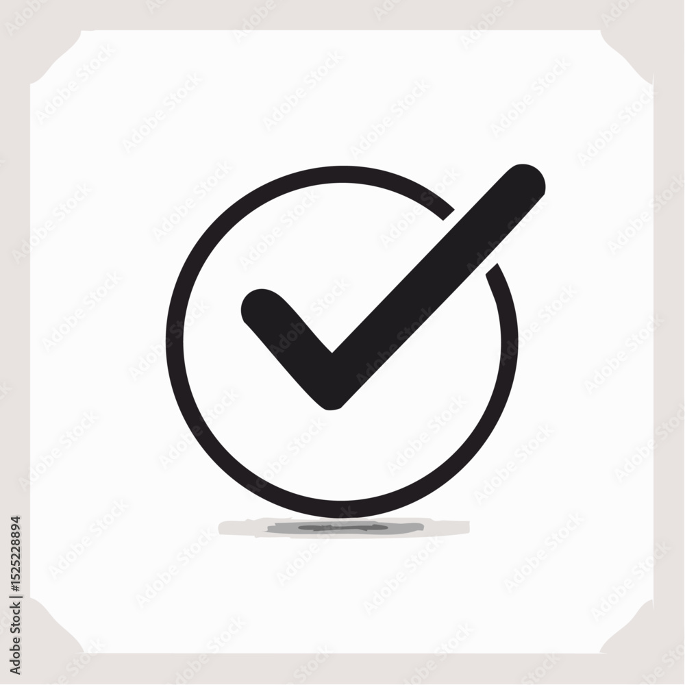 Poster black check mark icon inside a circle with a shadow on white background design