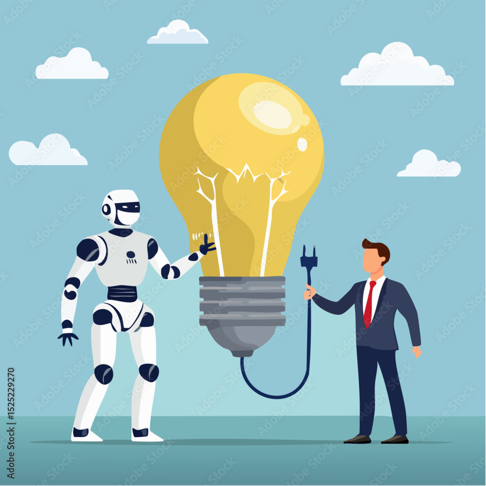 Poster robot and businessman collaborating on a light bulb idea with cloud background