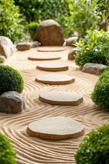 Stone Steps Cross Sand Garden with Green Bushes for Gardening Concept.