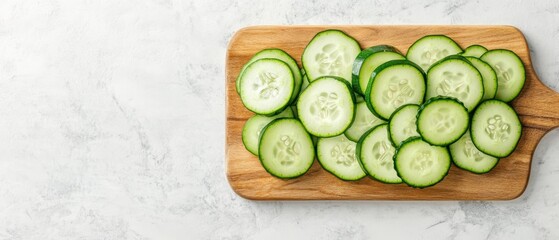 Cucumber slices arranged on wooden board for salads and gardening. Fresh garden vegetable on white surface. Healthy raw plant material.