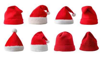 Santa Hats Display: A selection of festive red Santa hats, each displaying a unique design, perfect for Christmas season. The hats have variation in shape and texture.