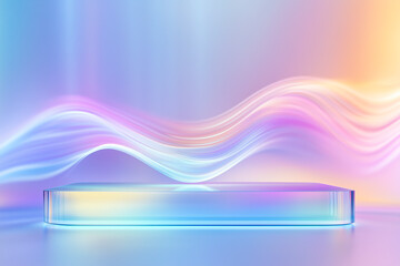 Futuristic glass platform with flowing neon light waves in a pastel gradient background.
