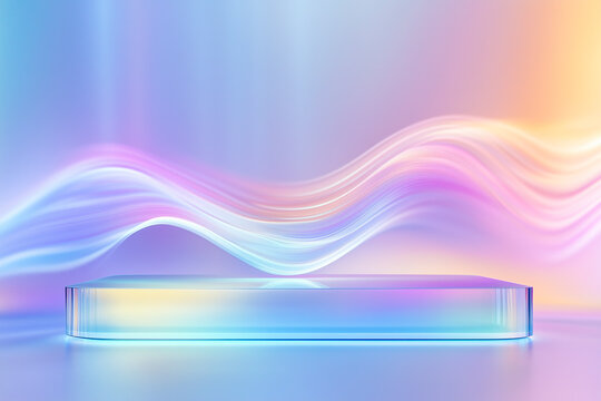 Futuristic glass platform with flowing neon light waves in a pastel gradient background.