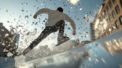 Hyper-realistic 3D render of a skater landing a triple jump, precise body position, ice shards flying up on impact