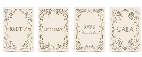 Retro flower and leaves frame background in wavy line style for vertical A4 design