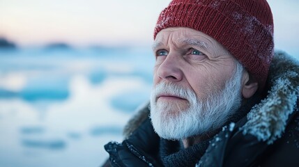 A thoughtful elderly man dressed in warm winter attire looks into the distance, embodying resilience and wisdom against a serene icy landscape that invites reflection and calm.