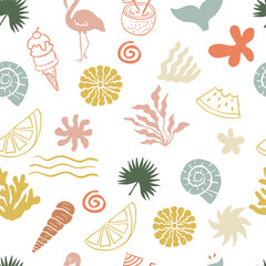 summer seamless pattern with shell,sun,coconut tree