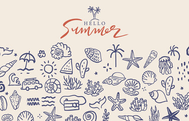 cute doodle summer banner background with shell,coral,tree