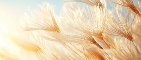 Abstract dandelion seed heads against sky. Plants for gardening with soft sunlight. Brown filaments on flower with outdoor nature.